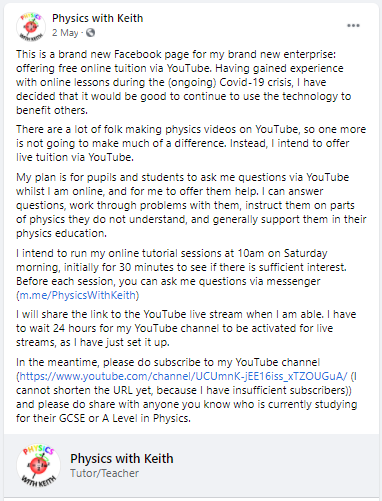 The birth of Physics With Keith on Facebook