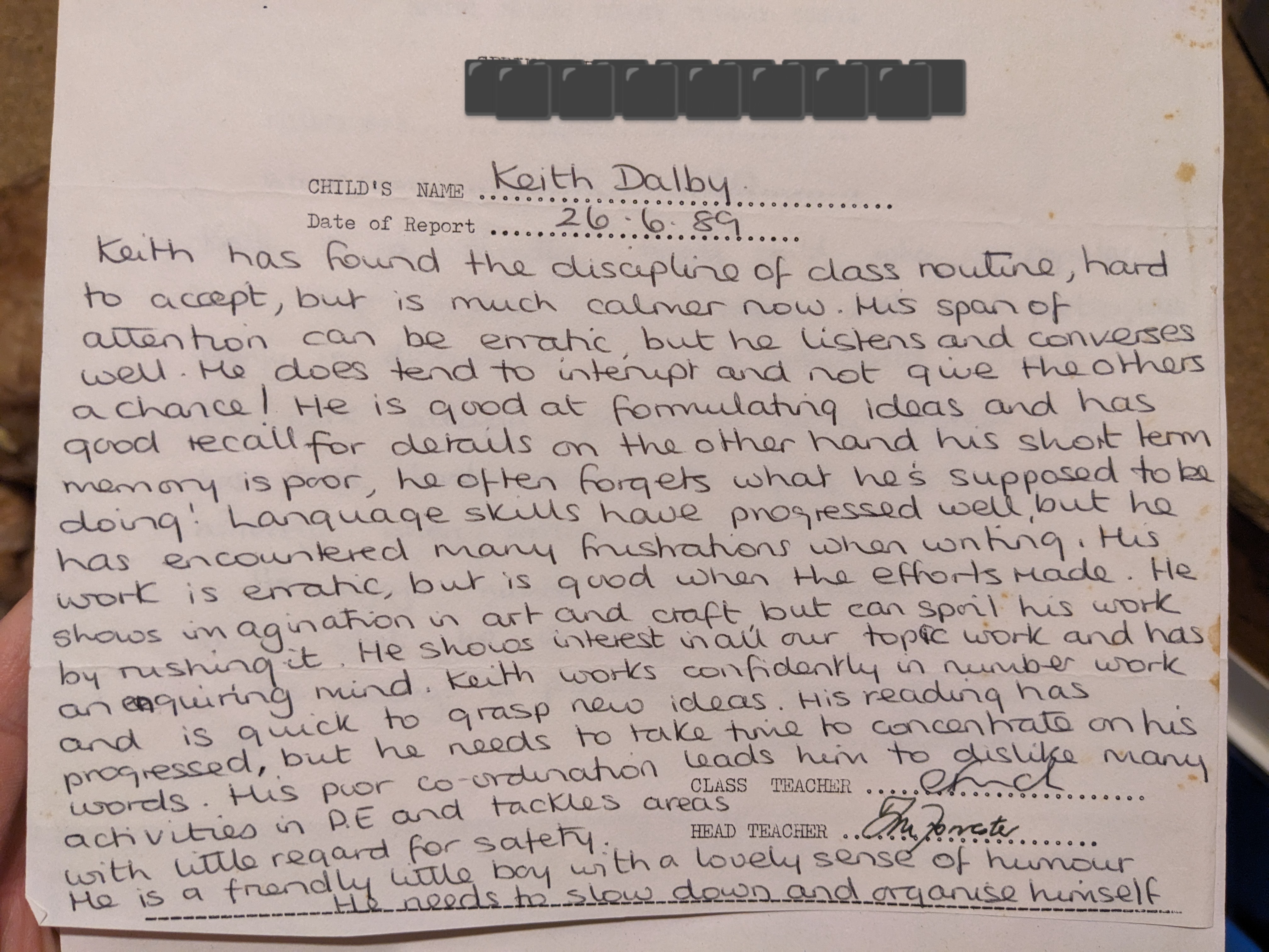My first school report, 1989