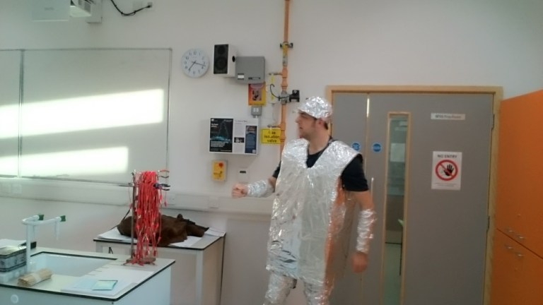 Physics With Keith dressed in a robot costume